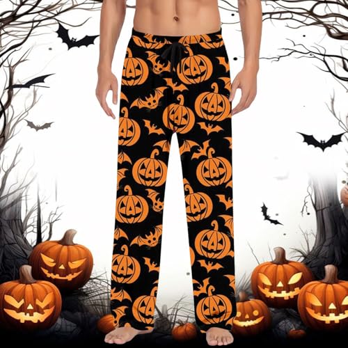 Mens Pajama Pants Halloween Skeleton Pumpkin Ghost Elastic Waist Wide Leg Soft Lounge Pants Comfy Sleep Pj Bottoms2