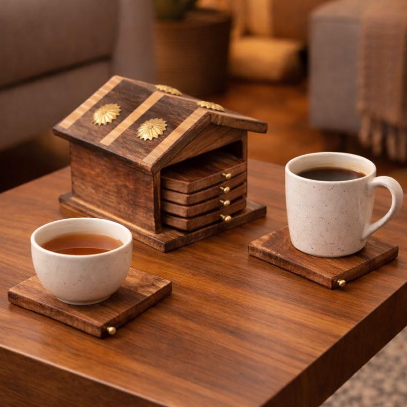 Image of Kundi Handmade Hut Style Wooden Coaster Set with Holder | Hot & Cold Drink Coasters for Tea, Coffee & Dining Table Decor