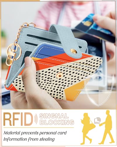 Image of Bistup Small Card Wallet for Women with Keychain, Colorblock Spot | Clear ID Window, Compact Design for Daily Carry, Durable Material, Sturdy Keychain, Aesthetic