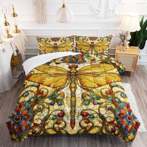 Image of AILONEN Twin Comforter Set 3 Piece, Golden Dragonfly Floral Mosaic 3D Printed Bedding with 2 Pillowcases, Soft Lightweight Microfiber Artistic Decor for Compact Bedroom