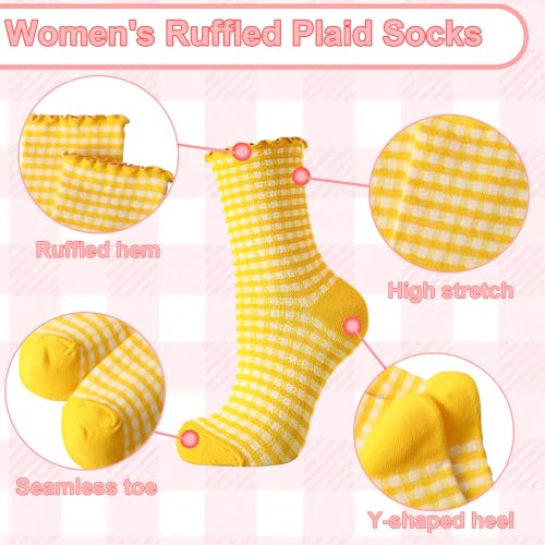 Image of 6 Pairs Women Ruffle Striped Frilly Socks, Cute Checkered Ankle Sock for Women Cotton Knit Casual Crew Socks
