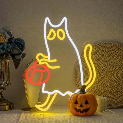Image of Ghost Cat Neon Sign Halloween Neon Light for Wall Decor | Pumpkin Neon Signs USB Powered LED Neon Light for Halloween bedroom Kids Room Bar Club Decor