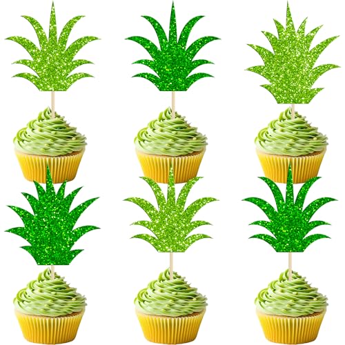 Gyufise 24 Pack Pineapple Cupcake Toppers Glitter Donut Leaf Cupcake Picks Tropical Hawaiian Luau Theme Baby Shower Kids Birthday Party Cake Decorations Green
