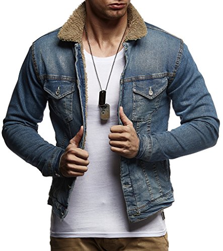 Image of Leif Nelson Men's Denim Jacket Basic Jeans Jacket Fur Stand Collar Casual Jacket Slim Fit LN9610