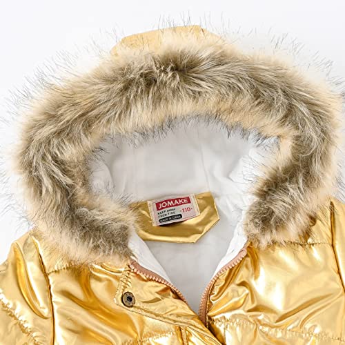 Kids Girls Medium Long Puffer Jacket Metallic Glitter Long Sleeve Winter Coat with Faux Fur Hooded3
