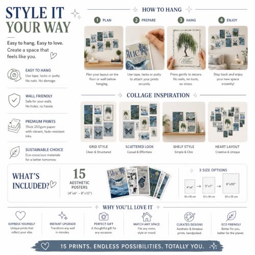 Image of 13 Piece Blue Aesthetic Poster Set | 300 GSM Multi-Sized Wall Posters with Adhesive Tape | Retro Music, Ocean & Vintage Art Prints for Bedroom, Room Decor, Home Decor, Living Room & Wall Art