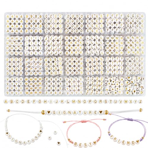7mm Transparent Acrylic Letter Beads Individual Monochrome 26 Grid Letter Mix with Crystal Thread (White&Gold Letter Beads)