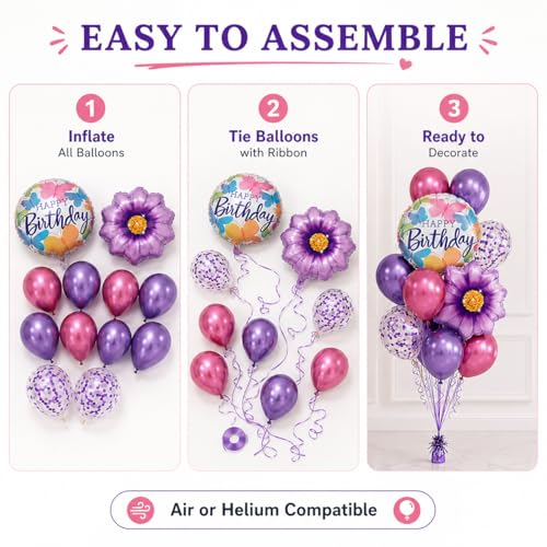 Image of AMFIN (Pack of 20) 17 Inch Butterfly Theme Birthday Balloon Bouquet Purple Chrome Metallic Finish Foil Latex Confetti Women Girls Decoration Item Kit Rainbow Flower
