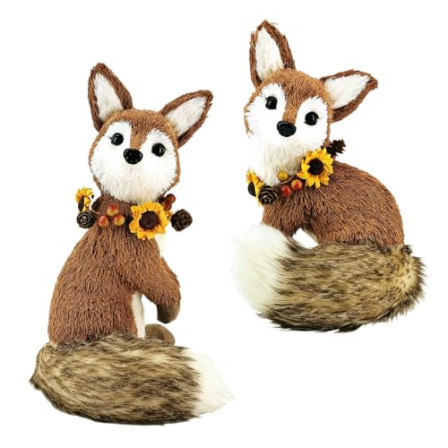 naturevibe 11 Inches Fox Decor Set of 2,Sisal Fox Figurine with Floral Garland for Fall Decorations,Realistic Woodland Animals Figurine as Autumn Decor or Harvest Festive Gifts
