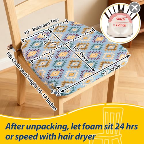 Image of AAAAAcessories D-Shaped Chair Cushions, 2 inch Thick Dining Chair Pads with Ties and Removable, Machine-Washable Cover, 17 inch x 16 inch, Set of 6, Geometric Blue