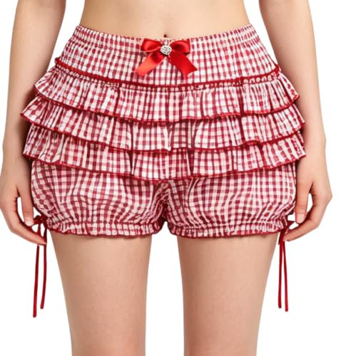 Image of Women Layered Gingham Shorts Cute Bloomers Plaid Shorts | Gingham Ruffle Shorts, Polka Dot Mini Bloomer Shorts, Micro Boyshorts, Tiered, Checkered, Lolita Outfits, Going Out
