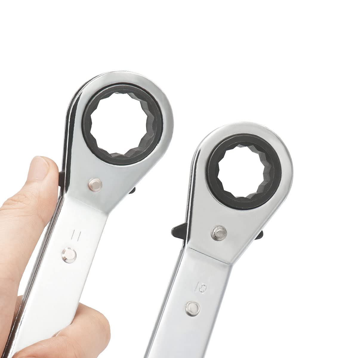 FOCMKEAS Reversible Ratcheting Wrench – 10x11mm, 72-Tooth, Chrome Vanadium Steel, Matte Silver, Offset Box End For Tight Spaces