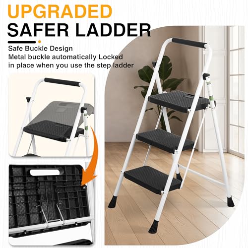 3 Step Ladder, Portable Steel Folding Step Stool with Wide Anti-Slip Pedal & Convenient Handgrip, 500lbs Sturdy Steel Ladder, White - Image 2