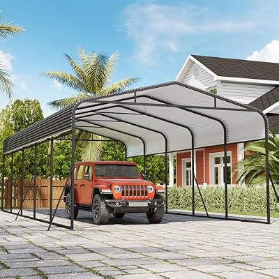 GarveeTech Metal Carport, 13x26 FT Outdoor Carport Canopy with Reinforced Base and Galvanized Steel Roof, Heavy Duty Garage Car Shelter Shade for SUV, Truck, Boats