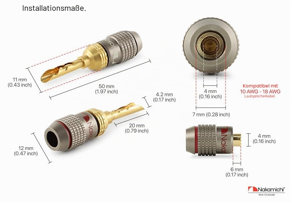 Nakamichi FanLock Excel-Serie 24 Karat vergoldeter BFA Bananenstecker, 10 AWG – 18 AWG, 4 mm Dicke für Lautsprecherverstärker, Hi-Fi Stereo Heimkino Audiokabel Schnellanschluss, 12 Stück (6-Paare)