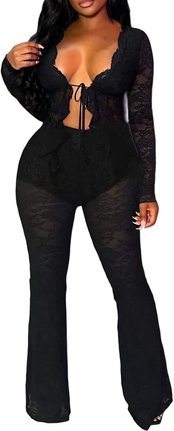 Mojessy Birthday Outfits for Women Sexy 2 Piece Outfits Clubwear Lace Long Sleeve Tie Front Cardigan Flared Pants Set - Image 2