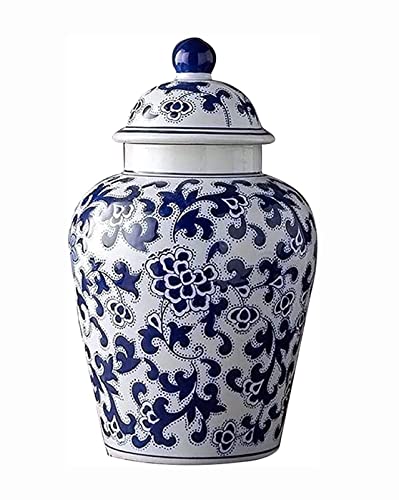 Blue And White Porcelain Ginger Jar With Lid, Handmade Chinese Porcelain Flower Vase For Home Décor, Centerpiece Table Decoration Floral Arrangement Antique Like Porcelain Decorative Jar (C) #TOP18