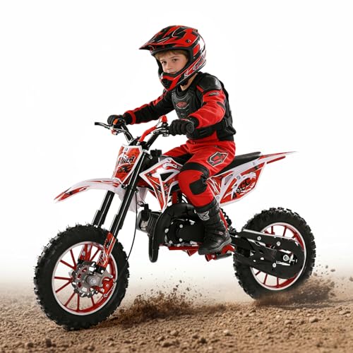 49cc Kids Dirt Bike - Gas-Powered 2-Stroke, Off-Road 10” Tires, Dual Disc Brakes, Upgraded 40x20 Frame, Pull Start Pit Bike, 25MPH Speed, Support up to 330Lbs (Red Storm)