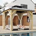 Garvee 10x10 Ft Hardtop Gazebo with Nettings and Curtains, Wood Grain Heavy Duty Double Roof Galvanized Steel Outdoor Combined of Vertical Stripes Roof for Patio, Backyard, Deck, Lawns, Khaki