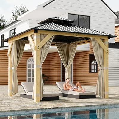 Garvee 10x10 Ft Hardtop Gazebo with Nettings and Curtains, Wood Grain Heavy Duty Double Roof Galvanized Steel Outdoor Combined of Vertical Stripes Roof for Patio, Backyard, Deck, Lawns, Khaki