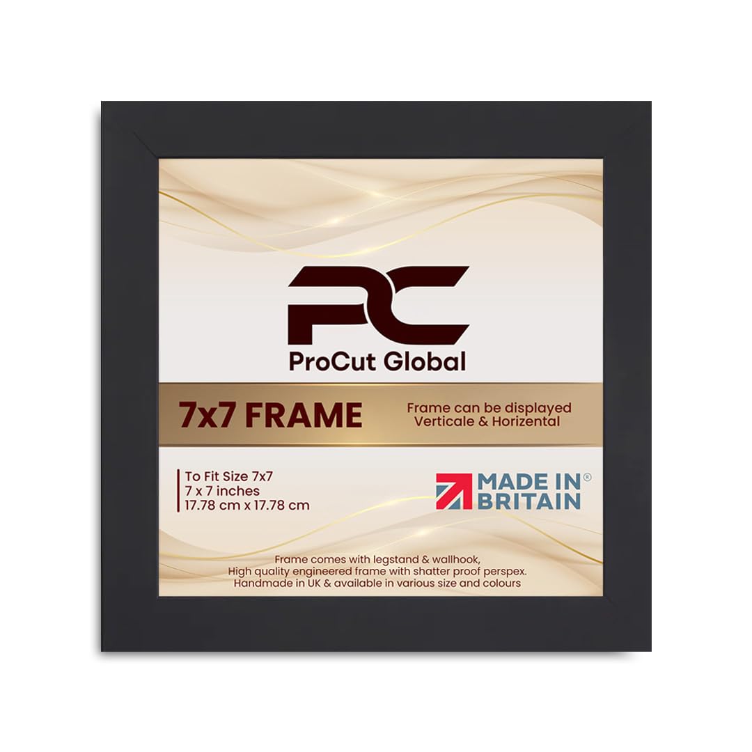 Procut Global 7X7 Matt Black Picture Frames - Modern Wooden Photo Frame with Shatterproof Perspex for Wall or Tabletop - Perfect for Posters, Certificates, Prints - Sizes & Colors Available