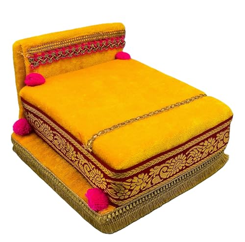 Image of RD Handicraft Thakur ji Bed, Laddu Gopal ji Bed, Bal Gopal ji Bed with Blanket Silk All Purpose Bed |Yellow (17x16x10 cm)