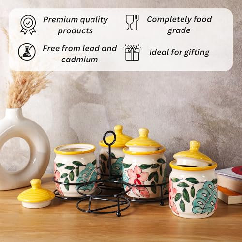 Image of Niyara Handcrafted Ceramic Pickle Jar Set, Premium Metal Tray & Lids - Multipurpose Storage for Pickles, Chutneys, Spices & Condiments, Set of 4, 300ML /Each with metal tray (flower print)