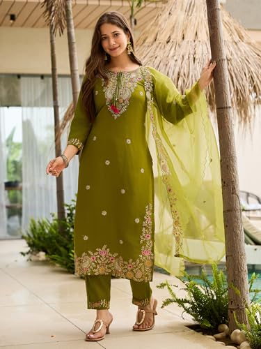 Image of Naixa Women's Rayon Embroidered Straight Kurta with Pant and Dupatta Sets (NX2-741)
