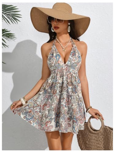 Image of SOLY HUX Women's Summer Boho Paisley Print Tie Back Halter Mini Dresses | Deep V Neck, Sleeveless, Sundress, Backless Dress, Vacation