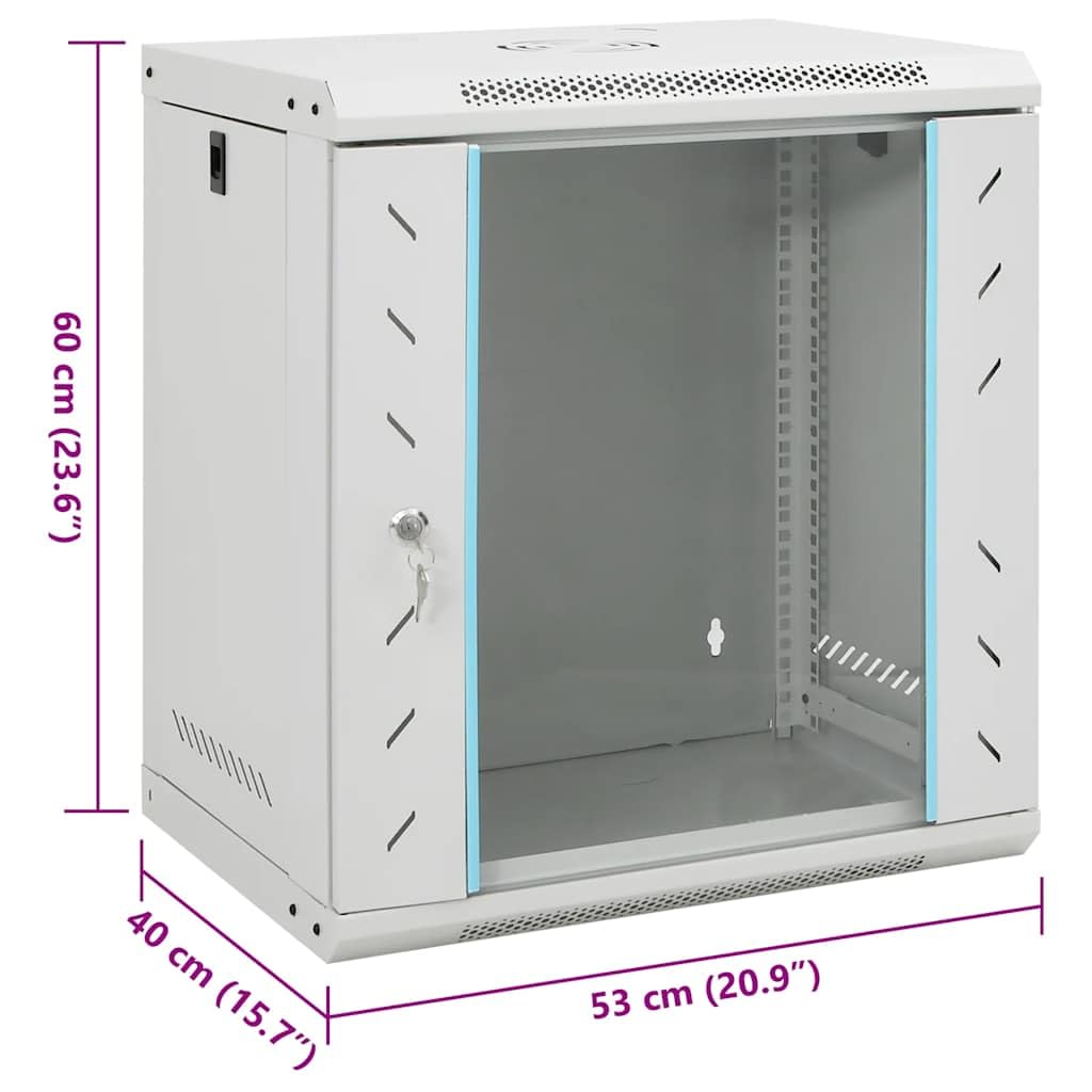 12U Armario de red de pared de 19 pulgadas, IP20, gris, 53 x 40 x 60 cm para servidores, NAS, carcasa de disco duro, solución de almacenamiento en la nube, red doméstica, oficina, oficina en