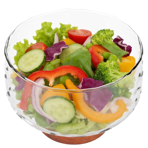 Deuson Ensaladera de cristal, ensaladeras con soporte de madera, suministrado, cuenco de ensalada de cristal, ensaladera de madera, cuenco grande, para ensaladas, pasta, frutas y aperitivos (marrón)