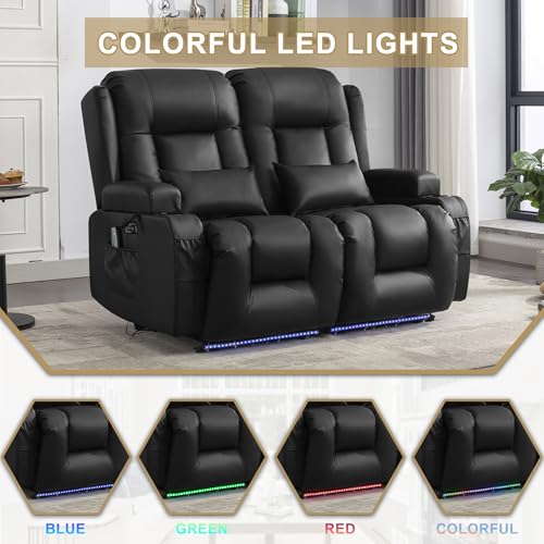 Image of URRED Power Loveseat Recliner Sofa with Massage and Heat, Wall Hugger Reclining Loveseat, RV Couch Home Theater Seating with LED Lights for Living Room (Black, 54 inch - 2 Seats)