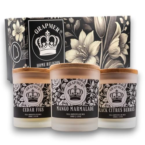 GRAPMER Set Velas Aromáticas 3x140 gr | Cera Natural de Soja con Tapa de Madera | Velas Aromáticas en Frasco y Regalo Original para Hogar