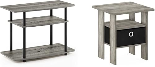 Furinno Turn-N-Tube No Tools - Soporte de TV para centro de entretenimiento de 3 niveles color roble francés gris y negro y mesa auxiliarmesita de