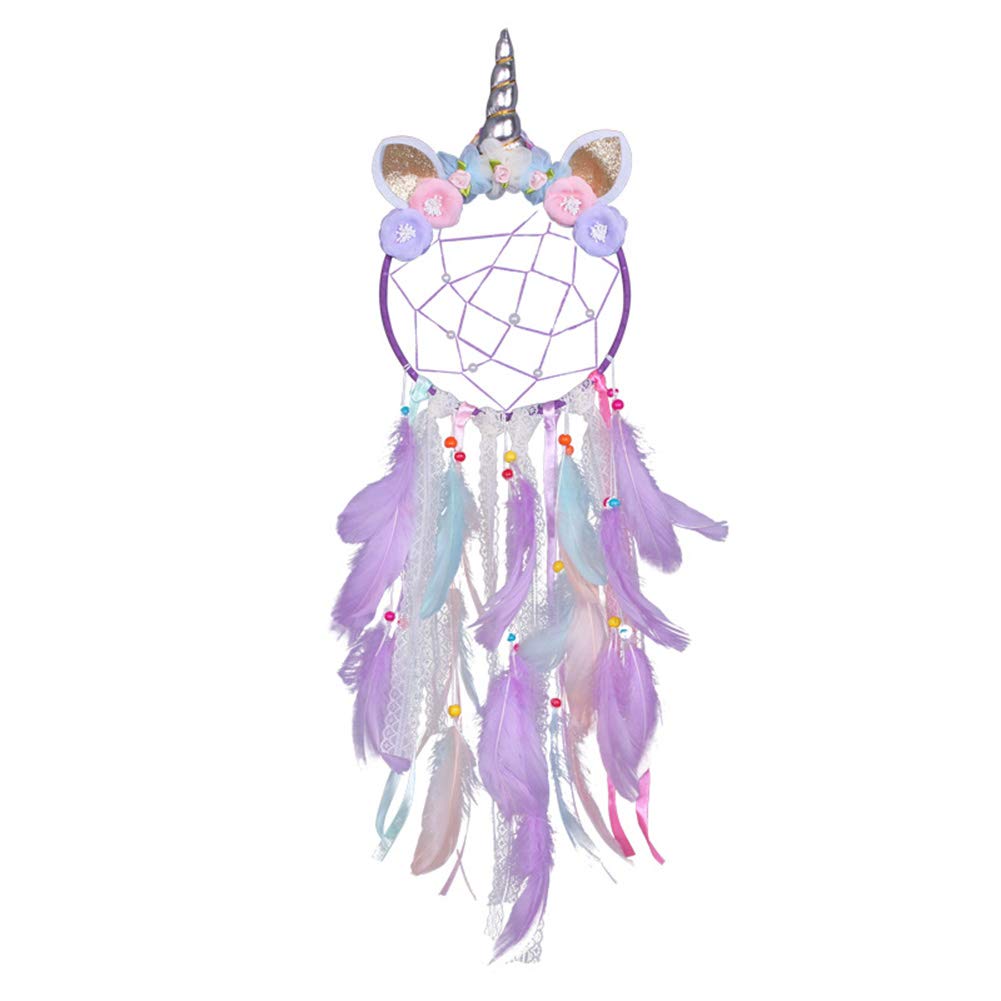 Unicorn Dream Catcher Colorful Feather Dreamcatcher Handmade Flowers DIY Dream Catchers for Girls Kids Nursery Bedroom Wall Hanging Decoration Blessing Gift (Purple Feather)