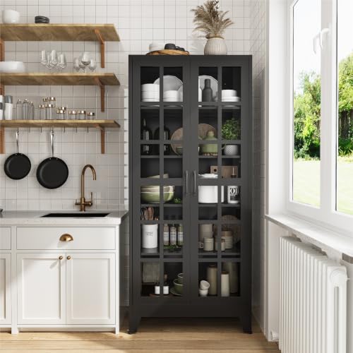 Image of COFaR 71 inch Tall Metal Storage Cabinet with Glass Doors and Shelves, Black | 71-inch metal pantry cabinet with 5-tier storage, 4 adjustable shelves, square-grid glass doors, and black handles