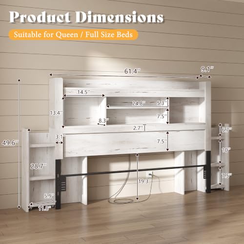 Image of AMERLIFE Queen /Full Wood Headboard Only with Storage, Distressed White