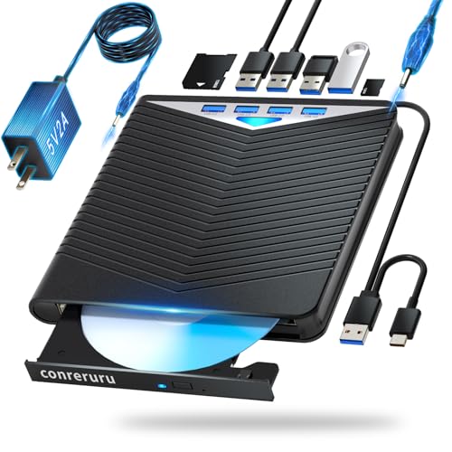 conreruru External Blu ray Drive Support for Blu-ray Player/Read/WriteCompatible Bluray Burner Compatible USB 3.0 and Type-C DVD Burner bluray Player for Windows 7-11 & Mac, PC M-DISC(Black)