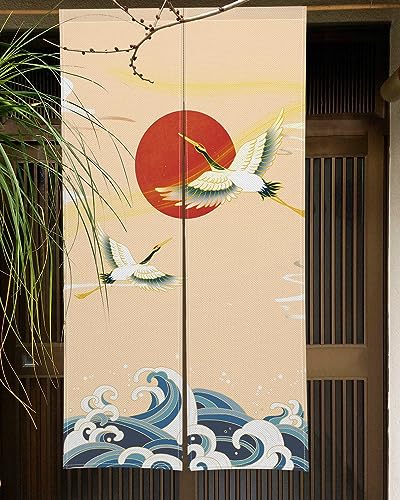 のれん Qinunipoto 和風 鶴と日の丸 波 暖簾 シンプル風 幅72cm丈120cm インテリア 出入り口 目隠し おしゃれ すだれ 遮光 部屋 間仕切りカーテン 門カーテン ポリエステル製 オーダー可 簡単取付 四季兼用