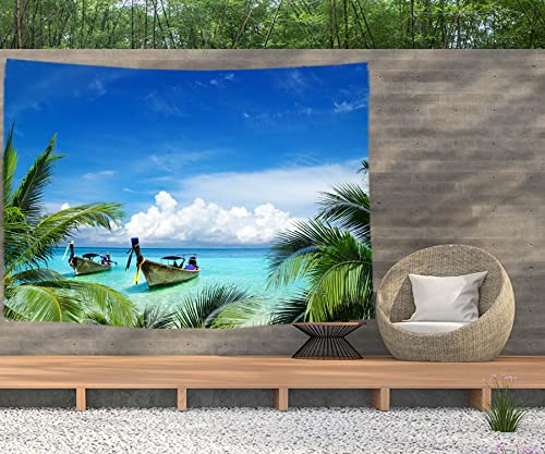 Ulticool – Plage Mer Bateau Palmier Nature - Tapisserie Murale Poster - 200x150 cm - Poster de Jardin - Grande Tapisserie Murale – Accessoire de...