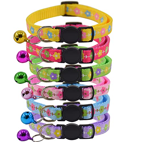 Ximipet 6PCS Cat Collar with Bell, Breakaway Buckle and ABS Buckle - Paw, Heart, Flower and Fish Design, Nylon Cat Collars, Mixed Colors Collars for Cats Kittens 8"-12.5" (Flower Breakaway Buckle 2)