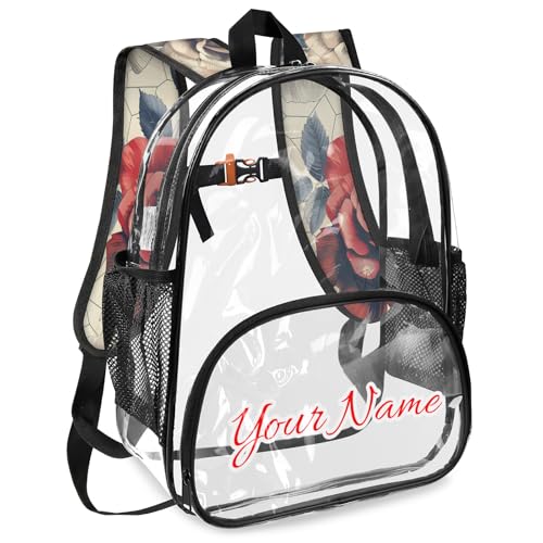 Personalized Small Clear Backpack Stadium Approved Heavy Duty PVC Plastic Custom Vintage Rose Transparent Backpacks See Through Bag with Name, Flowers2
