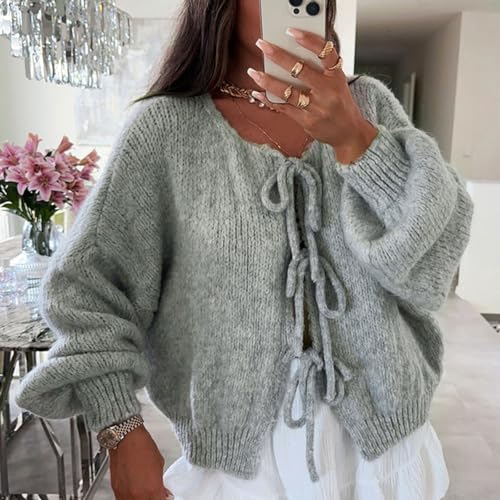 Image of Women Knitted Tie Front Cardigan Tops Casual Knitwear Top Long Sleeve Open Front Baggy Sweater Y2k Girls Outwear