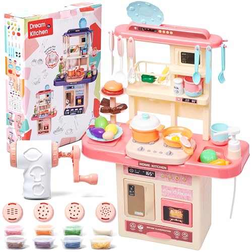 Prextex Plastic Pretend Play Kitchen Set - Multi-Color Kitchen Playset with Dishwasher and Oven - Stove with Lights and Sounds - Working Faucet with Water Circulation