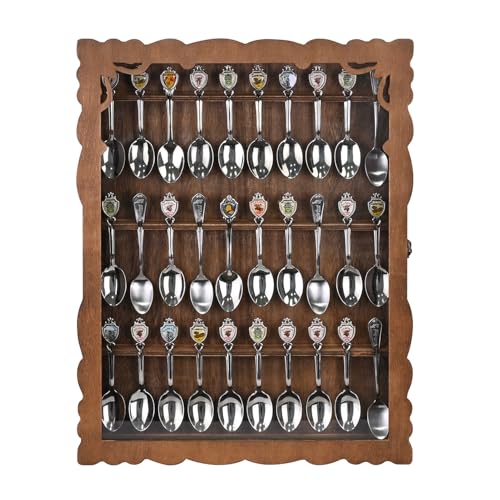 Ikee Design Wooden 30-Souvenir Spoon Display Case Cabinet Wall-Mounted Tea Spoon Rack with Tempered Glass Suitable for Collection Display 13.4W x 2.6D x 15.7H in