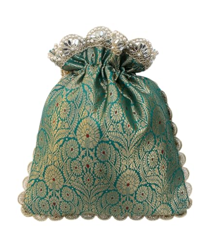 Image of MILAN'S CREATION Pure Banarasi Potli Silk Brocade Bag Purse Drawstring Women's handbag with Pearl Handle & Tassel Weddings