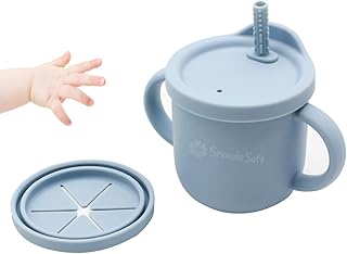 Silicone Sippy Cup with Straw Baby Cup Silicone Training Cup with 2 in 1 Lid, Teether Straw & Draining Lid, BPA-Free Spill Proof Non-Slip Baby Straw Cups 6-12 Months Toddlers, 250ml Blue