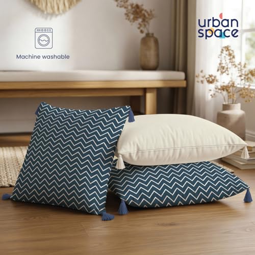 Image of Urban Space Decorative Cotton Cushion Cover Set of 3, 16 Inch X 16 Inch Cushion Covers for Sofa, Bedroom, Living Room (Waves Dark Teal Zig zag & Fence Grey, Set of 3)