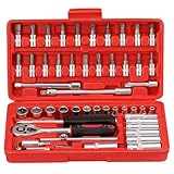 WiMas 53PCS Steckschlüsselsatz CR-V Steckschlüsselsatz mit Bits, 1/4' Ratschenschlüssel für Professionelle Reparaturen an Fahrrädern und Autos (Roter Koffer)