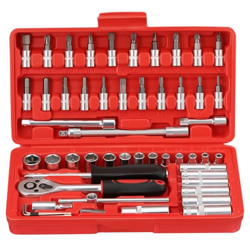 Faankiton 53PCS Coffret de Douilles, Coffret de Embouts, Lot Douilles et Cliquet, Jeu Coffret Douille Clé à Cliquet de Dégagement, Coffret de Douilles et Embouts Clés à Cliquet 1/4" 72 Dents (Rouge)